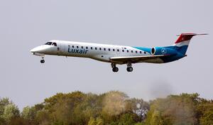 Luxembourg, Luxembourg - April 20, 2011: An Landing Embraer ERJ-145 of Luxembourgish Carrier Luxair